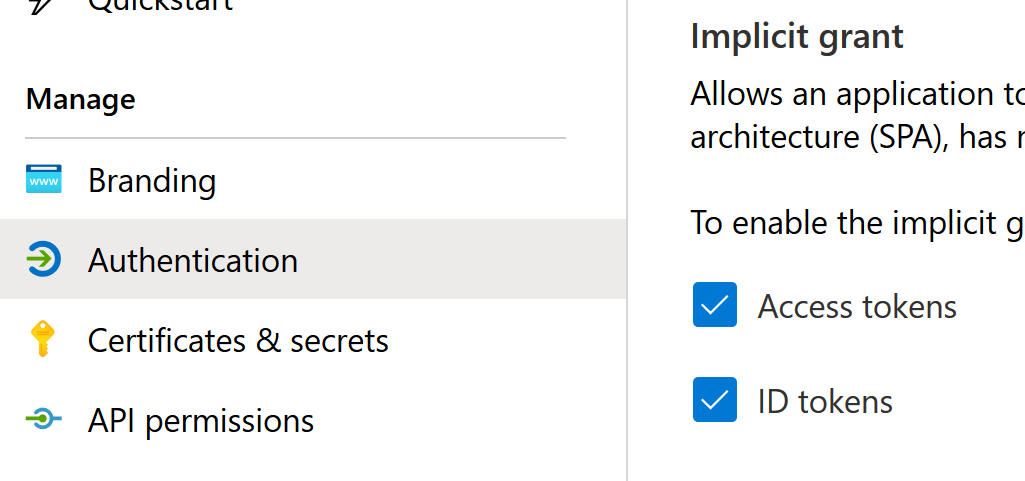 Access tokens and ID tokens enabled for implicit grant