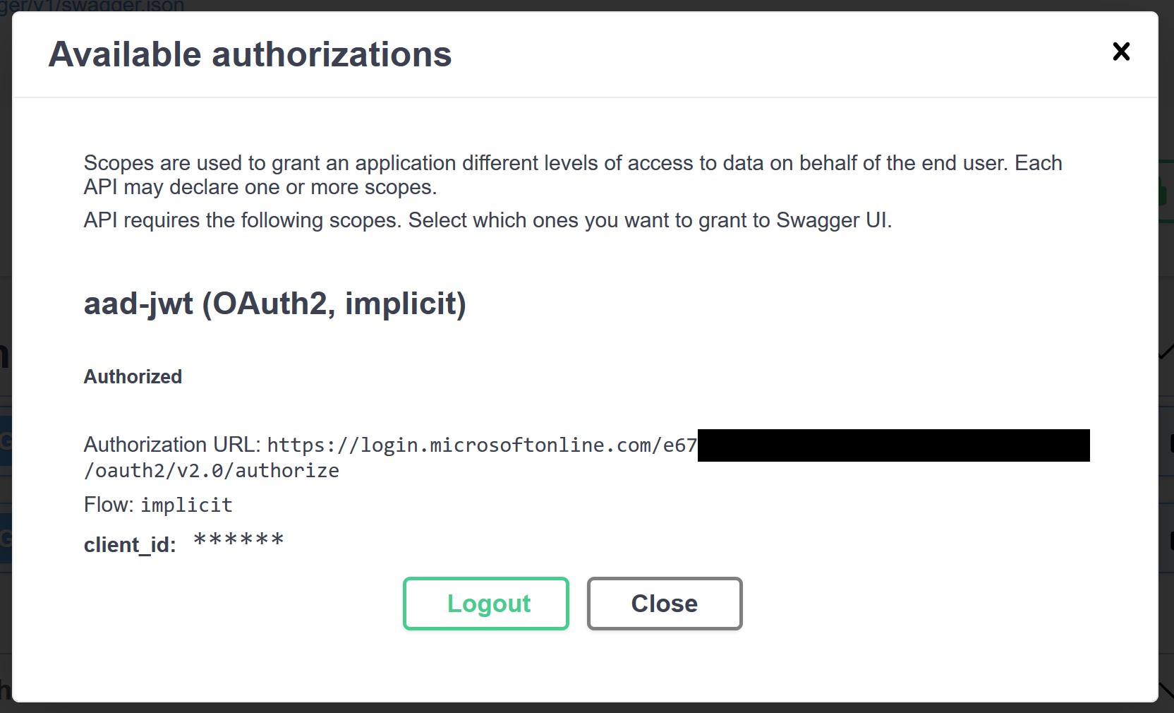 Login dialog content after logging in