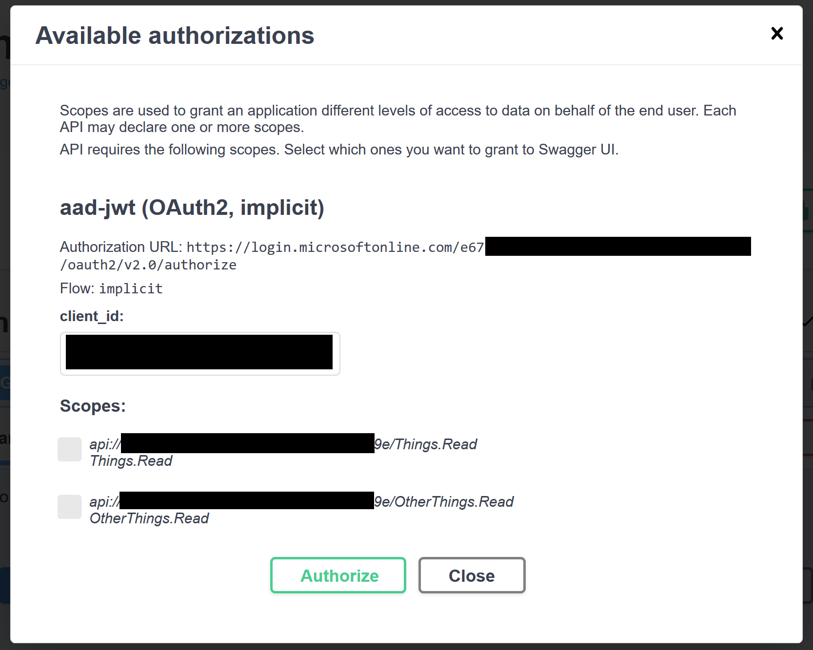 Swagger UI login dialog with scope selection