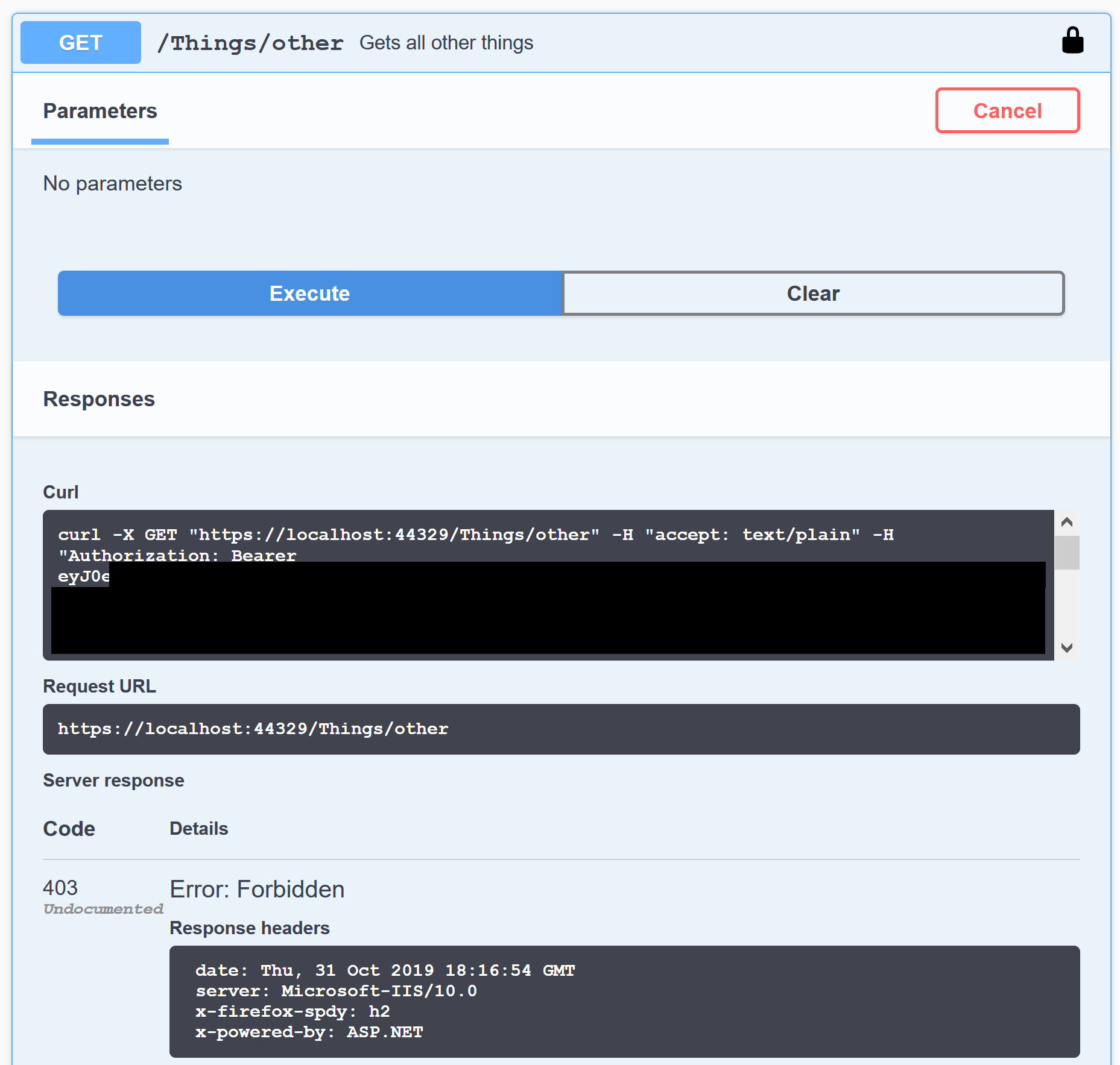 Calling the read other things action failed with 403 Forbidden