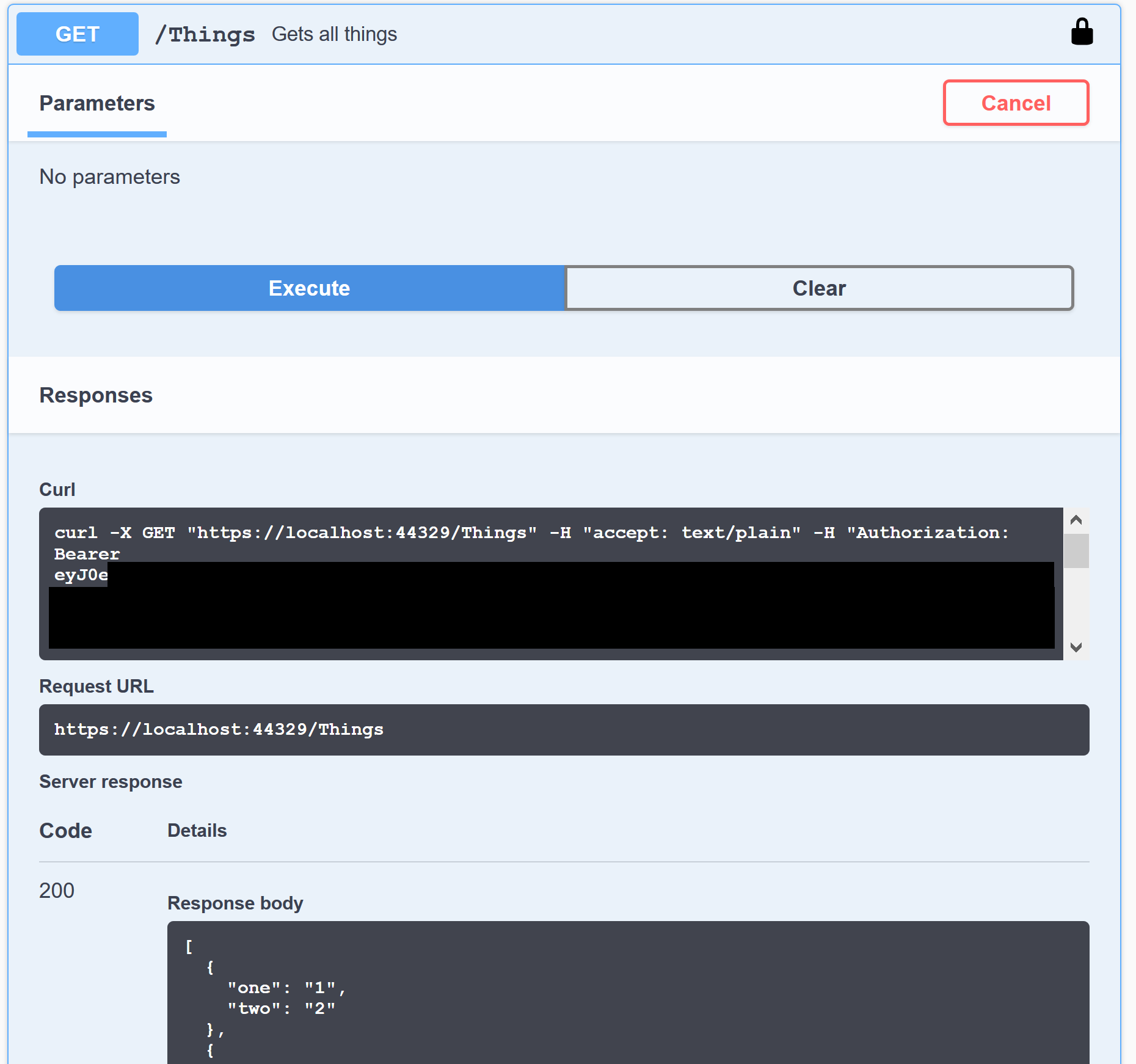Successful call to the read things action