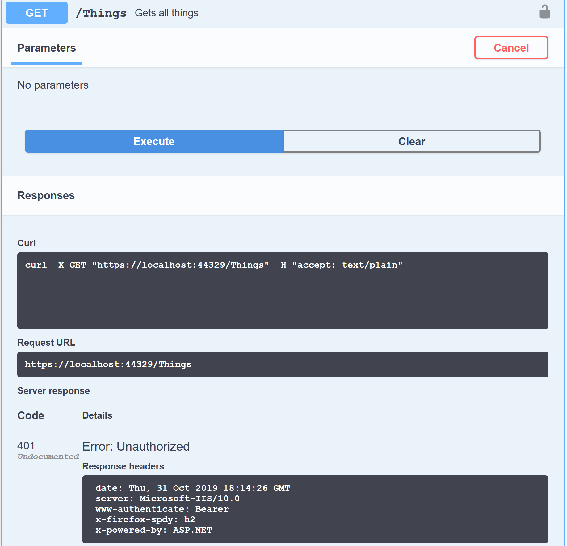 Unauthenticated call results in 401
