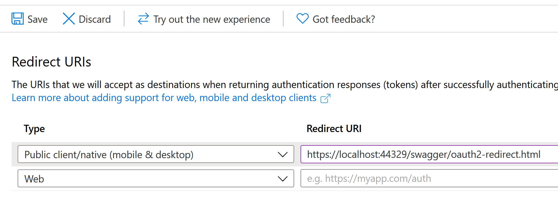 The native reply URL https://localhost:44329/swagger/oauth2-redirect.html