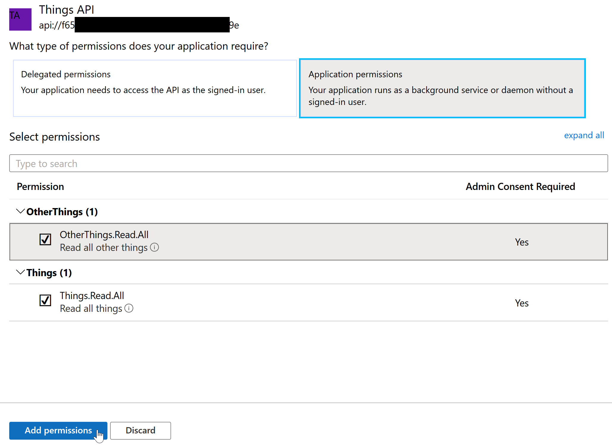 Application permissions section selected and the two application permissions selected