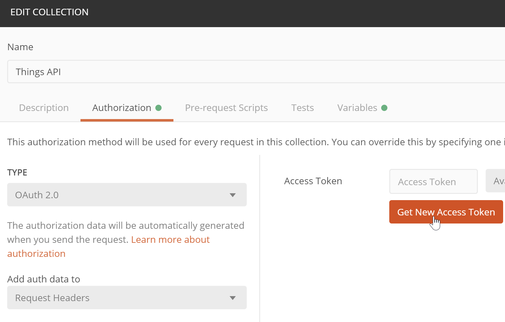 Get new access token button