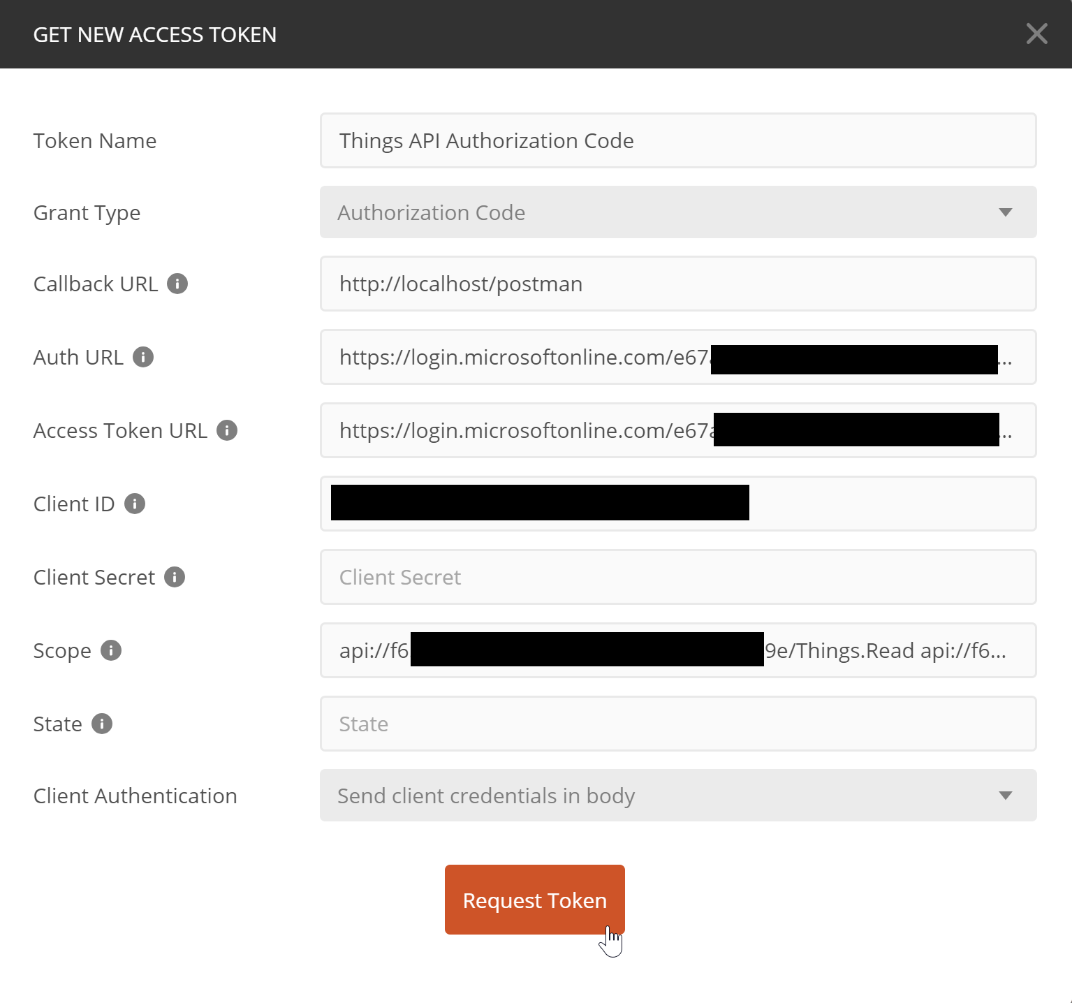 Values set to the fields for authorization code flow