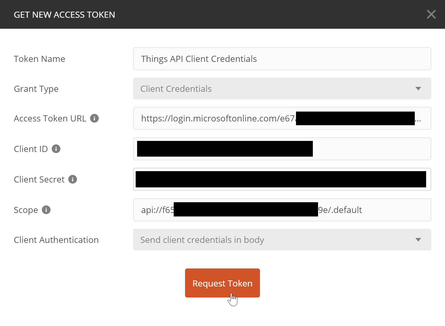 Values set to the fields for client credentials authentication