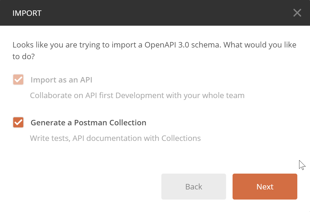 Option Import API selected and disabled, option to generate a collection selected