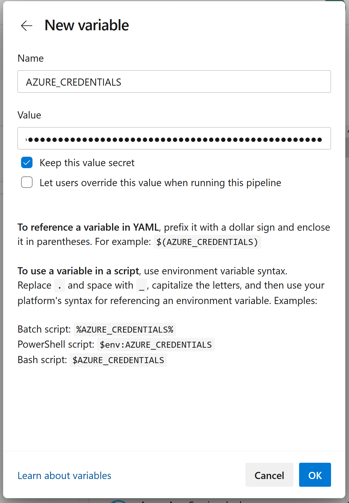 Defining AZURE_CREDENTIALS variable