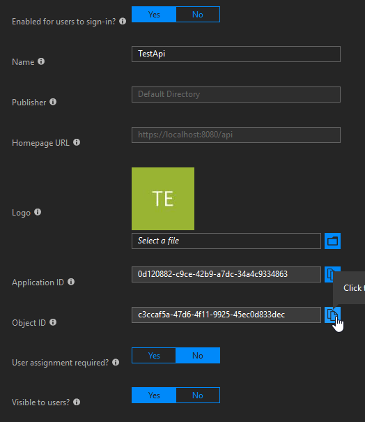 Properties of the API service principal