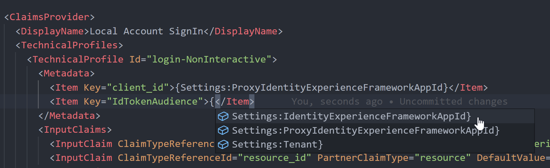 Auto-complete list of settings
