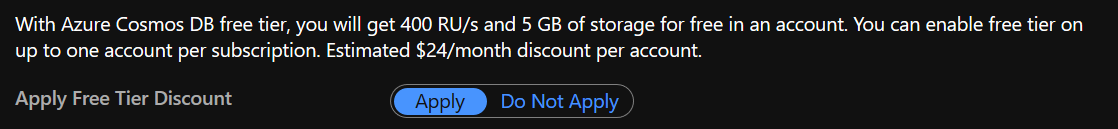 Cosmos DB account creation blade showing the Apply Free Tier Discount selector with Apply selected
