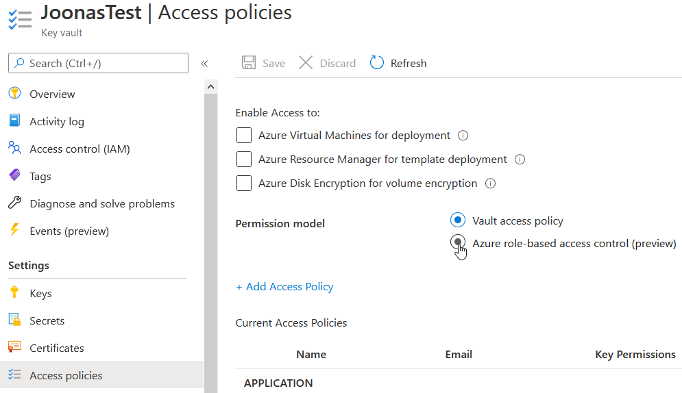 Permission model radio buttons on Access policies tab of Key Vault