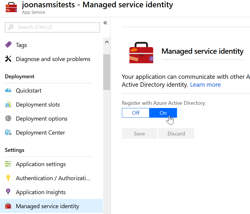 Enabling managed identity on Web App