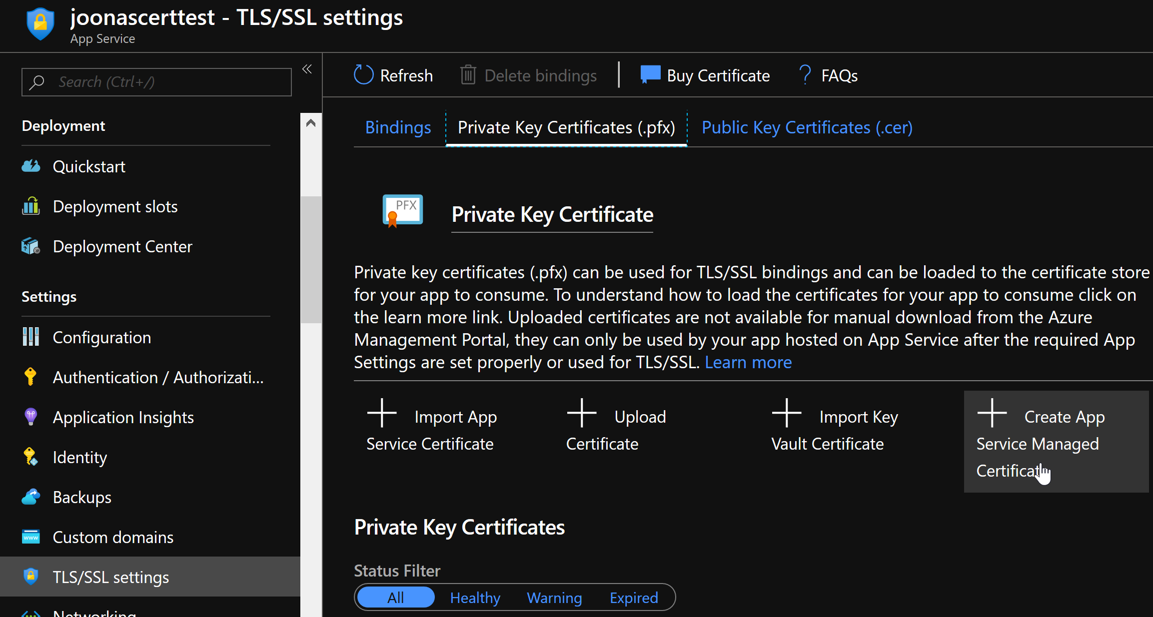 Find the Create App Service Managed Certificate button in TLS/SSL settings