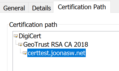 Certification path showing the certificate and the GeoTrust intermediary and DigiCert root certficates above it