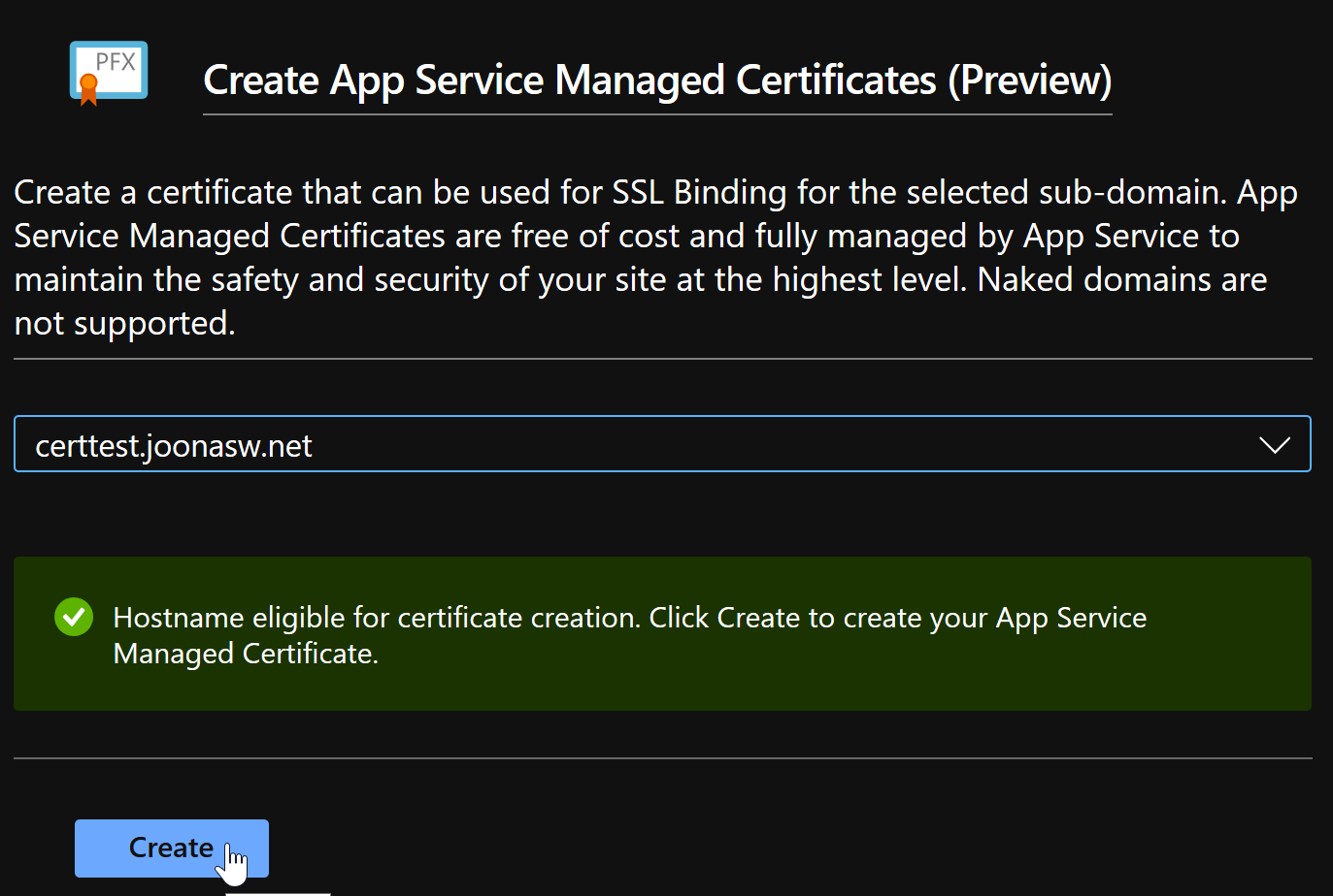 Domain selected, Create button shown under it